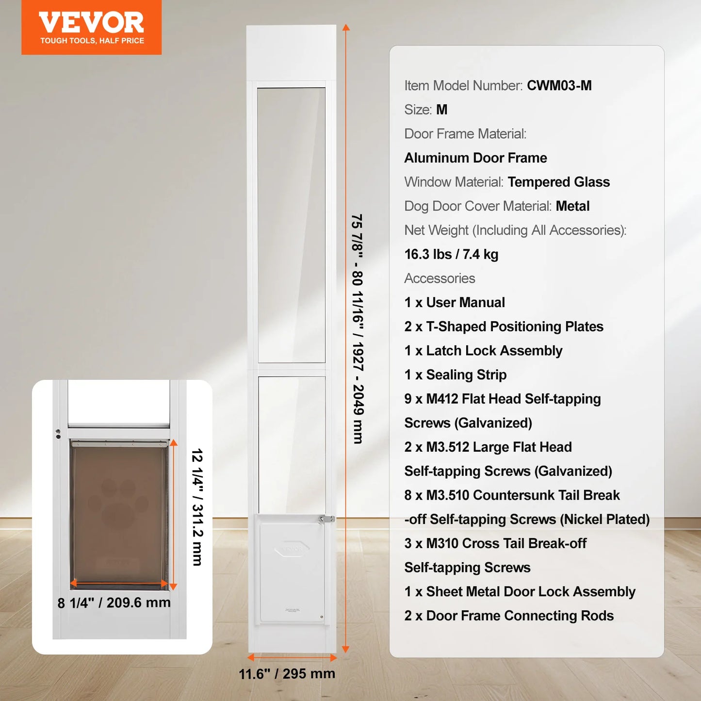 Sliding Glass Door Adjustable Aluminum Frame Tempered Glass Pet Door