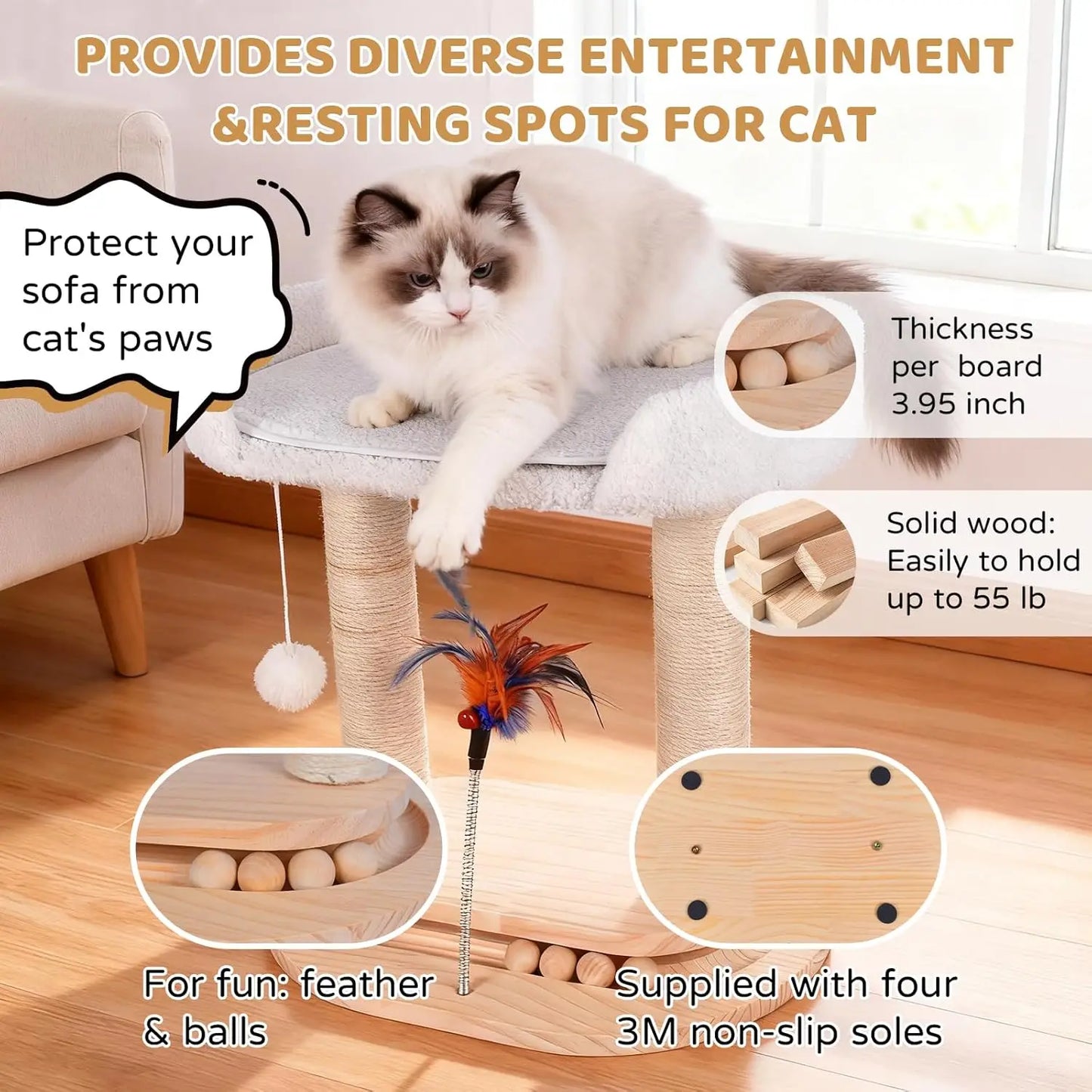 5-in-1 Small Wooden Cat Tree Tower,16.5''H Bed