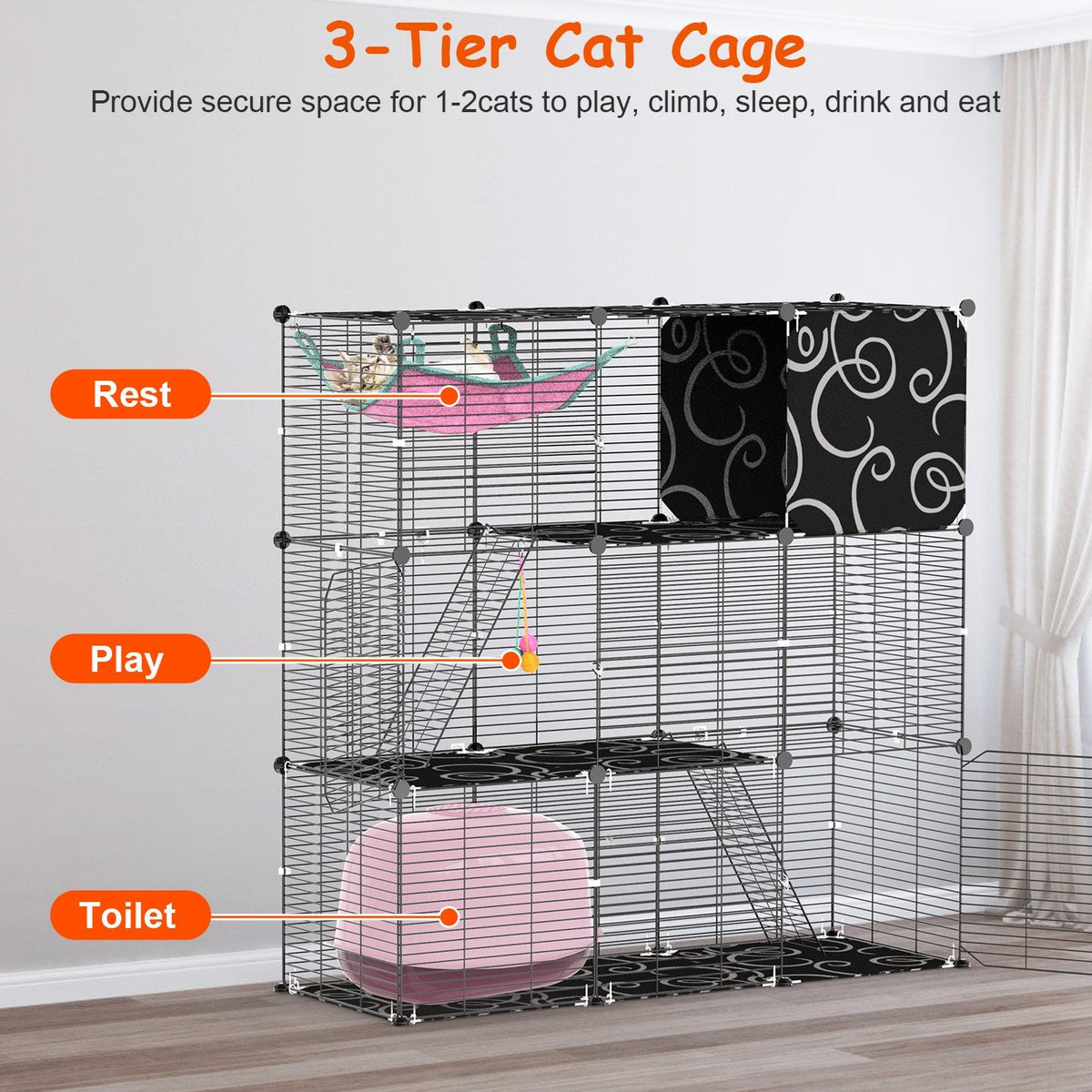 3-Tier Cat Cage Enclosure Indoor Cat Cage Playpen With Hammock Toy Ball Ladder DIY Iron Wire Cat House Kennels Crate For 1-2 Cats Ferret Rabbit Small