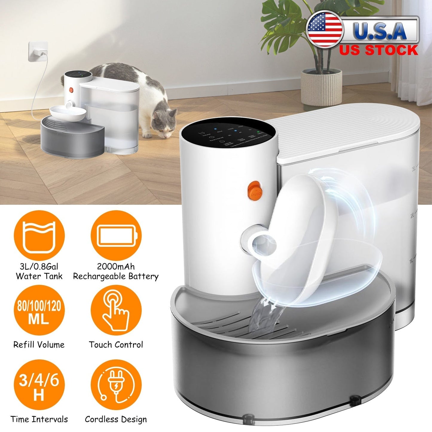 Smart Pet Water Fountain Automatic Cat Water Dispenser 3L/101OZ Cordless Rechargeable Dog Water Fountain Self-Refill with 3 Adjustable Volume 3 Time I