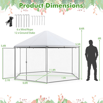 13FT Large Metal Hexagonal Chicken Coop with Wire Mesh and Lockable Door