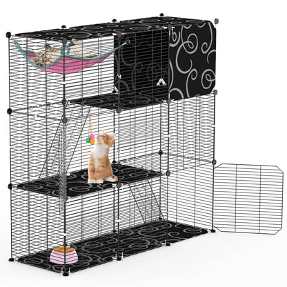 3-Tier Cat Cage Enclosure Indoor Cat Cage Playpen With Hammock Toy Ball Ladder DIY Iron Wire Cat House Kennels Crate For 1-2 Cats Ferret Rabbit Small