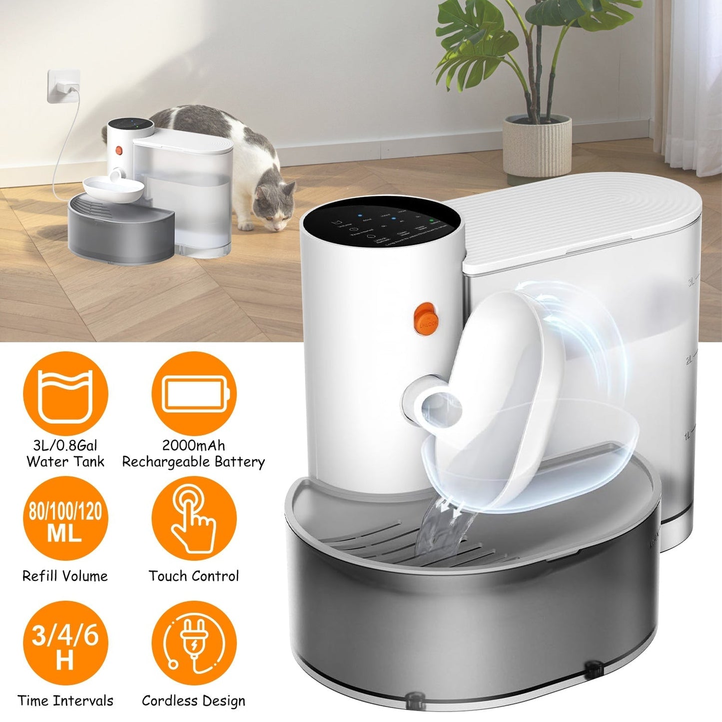 Smart Pet Water Fountain Automatic Cat Water Dispenser 3L/101OZ Cordless Rechargeable Dog Water Fountain Self-Refill with 3 Adjustable Volume 3 Time I