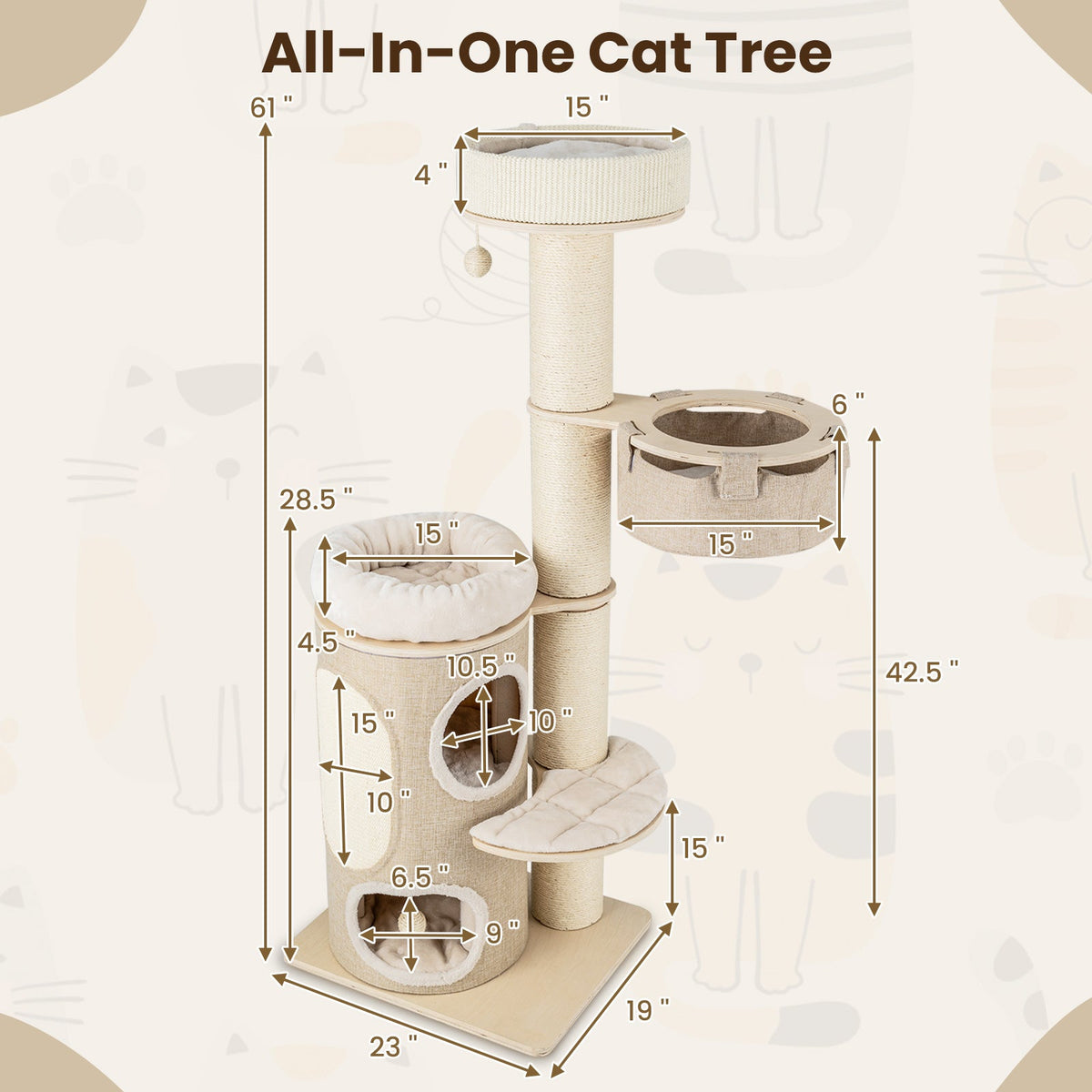 61 Inches Cat Tree for Indoor Cats with 2-stoery Condo and Top Perch-Natural