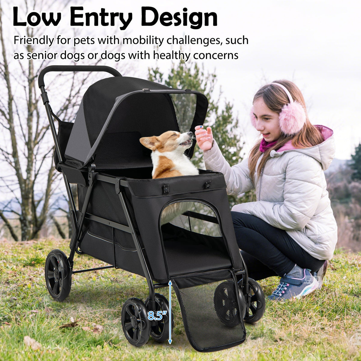 Dog Stroller for Medium Small Senior Elderly Dogs with Dual Entry-Black