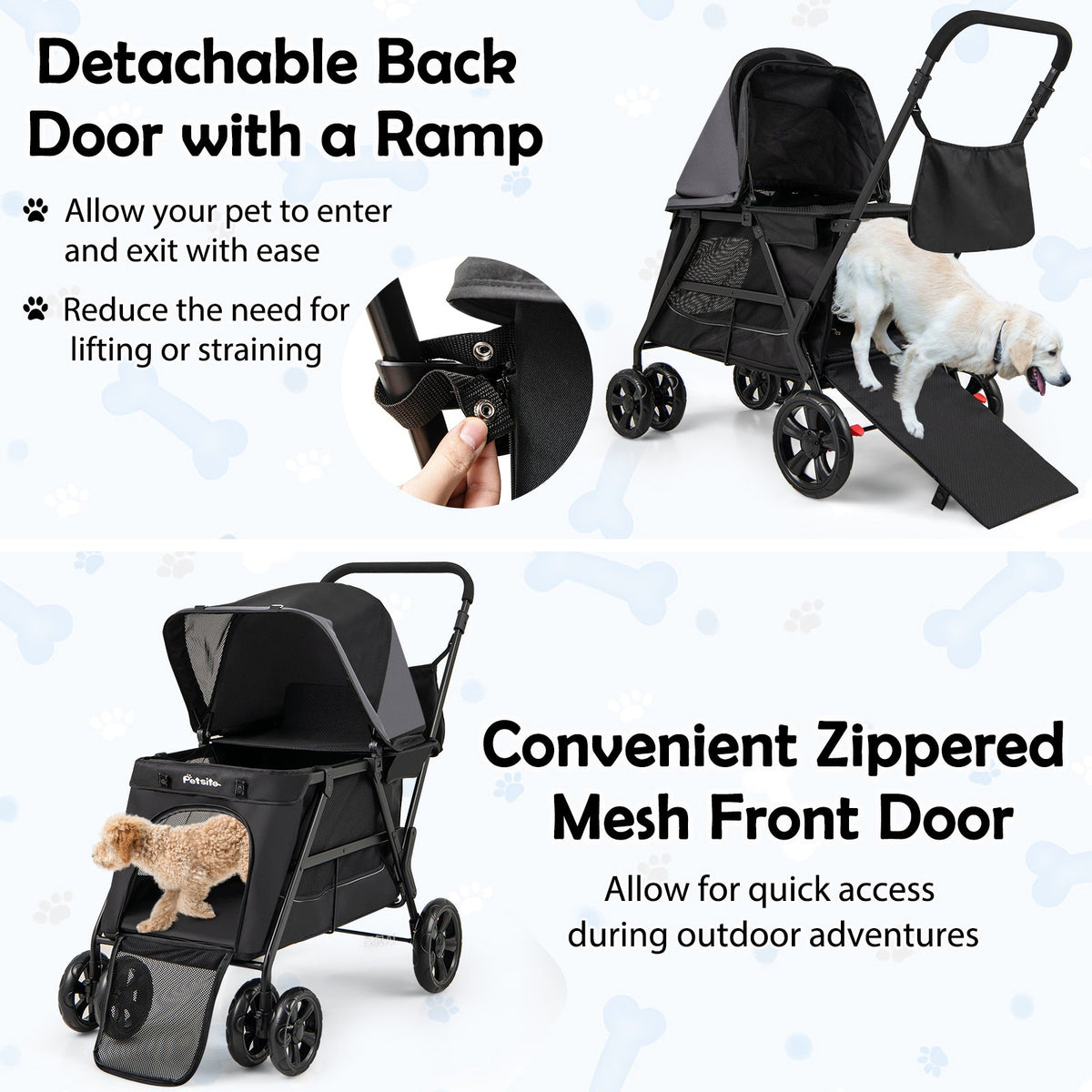 Dog Stroller for Medium Small Senior Elderly Dogs with Dual Entry-Black