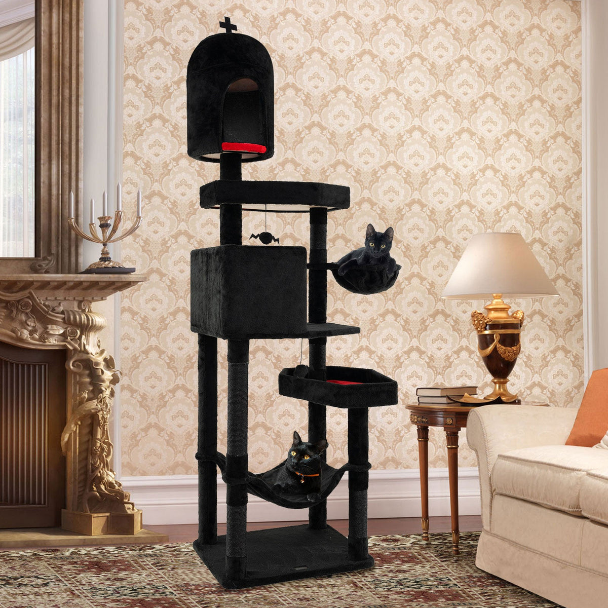 Gothic Cat Tree with 2 Cat Condos and Coffin Bed for Indoor Cats-Black