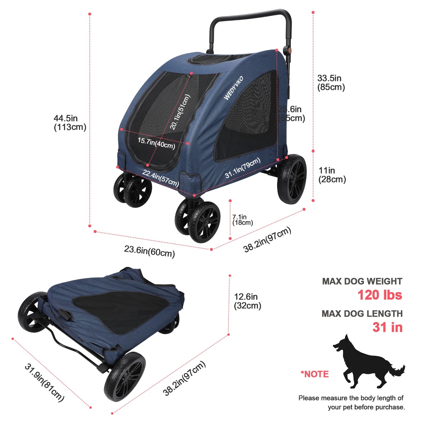 Heavy Duty Stroller for Large Dogs up to 120 lbs,