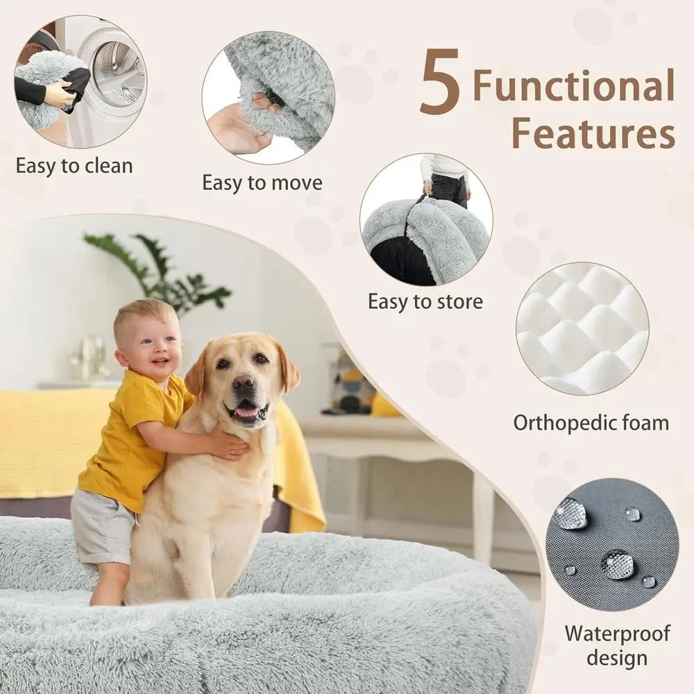 Oversized Grey Memory Foam Dog Bed with Pillow