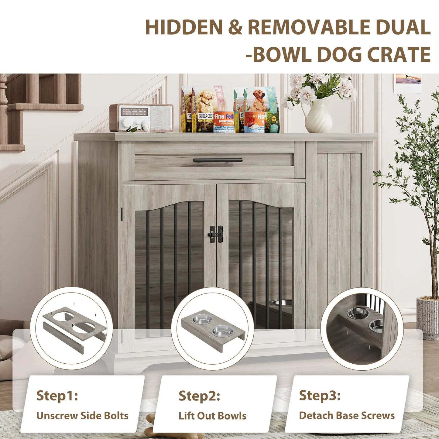 44 Inch Dog Crate Side Storage & Built-in Feeding Station