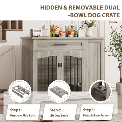 44 Inch Dog Crate Side Storage & Built-in Feeding Station