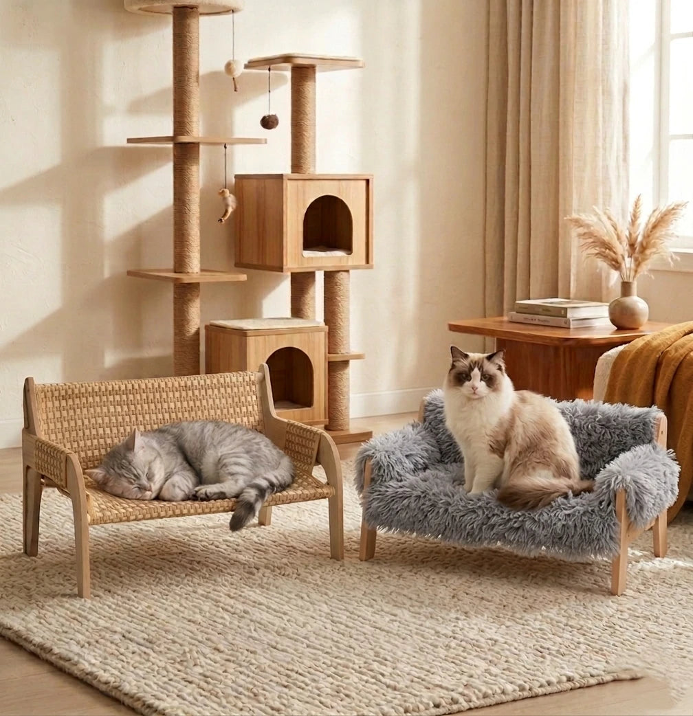 Solid Wood Pet Lounger with Raised Cushion