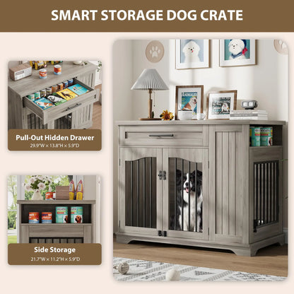44 Inch Dog Crate Side Storage & Built-in Feeding Station