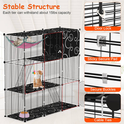 3-Tier Cat Cage Enclosure Indoor Cat Cage Playpen With Hammock Toy Ball Ladder DIY Iron Wire Cat House Kennels Crate For 1-2 Cats Ferret Rabbit Small