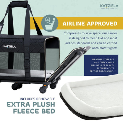 Quilted Chariot Pet Carrier With Removable Wheels and Telescopic Handle